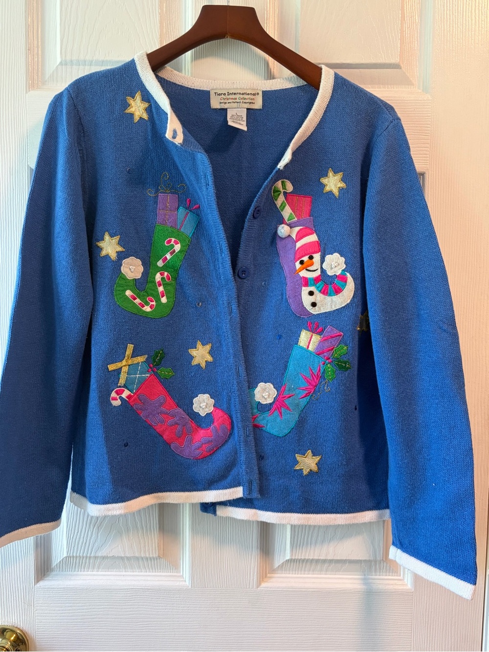 Tierra Internationale Women's Blue Holiday Embellished Cardigan